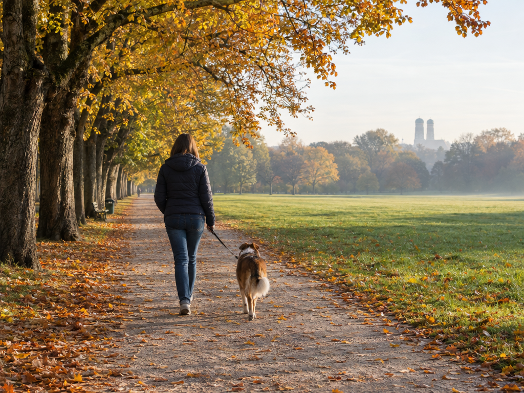 Hund im Englischen Garten München: Spaziergang mit Hund an der Leine auf einem Parkweg im Herbstlaub
