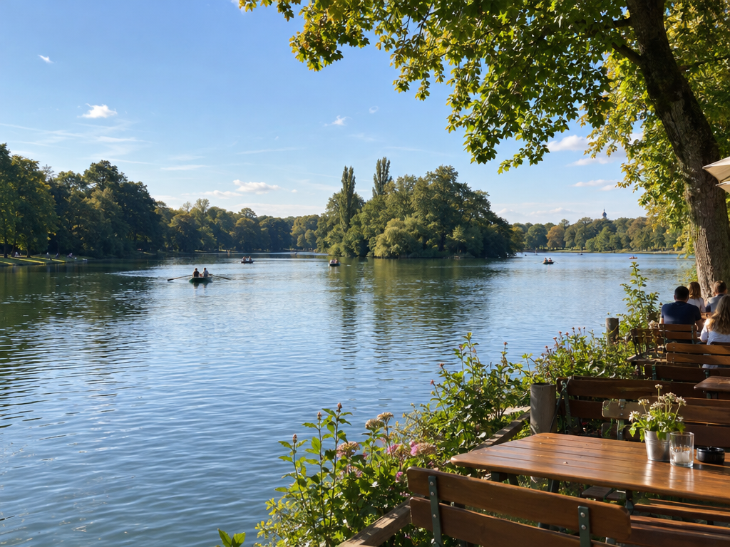 Englischer Garten München: Kleinhesseloher See mit Ruderbooten, kleiner Insel und Biergartenterrasse am Ufer
