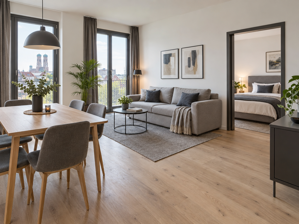 Geräumiges Family Apartment in München mit Wohnbereich, Esstisch und Schlafzimmer