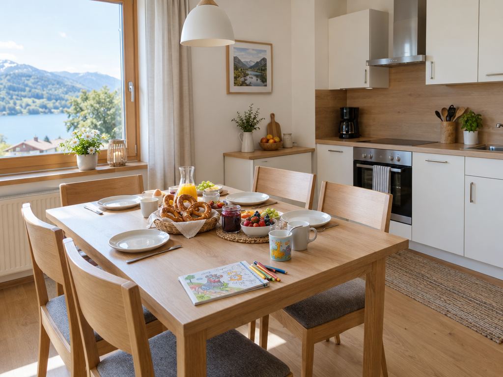 Ferien Bayern 2027 mit Kindern: gedeckter Frühstückstisch für vier Personen mit Brezn und Obst in der Küche einer Ferienwohnung