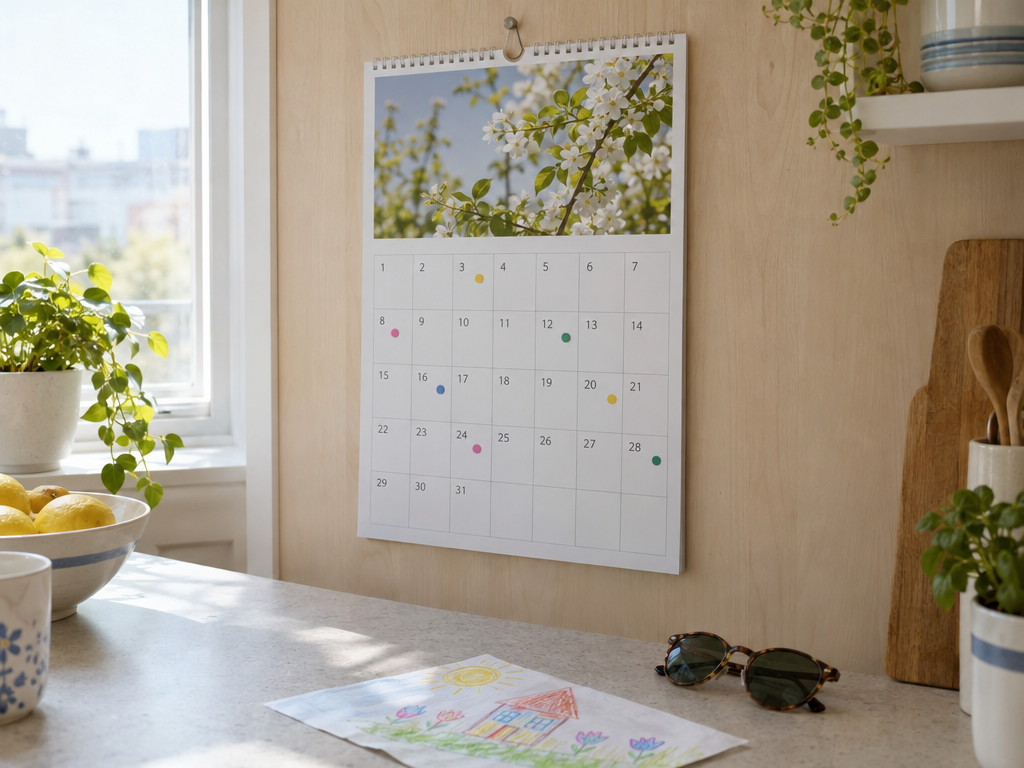 Ferien Bayern 2027 im Kalender: Wandkalender mit farbig markierten Ferientagen in einer hellen Apartmentküche
