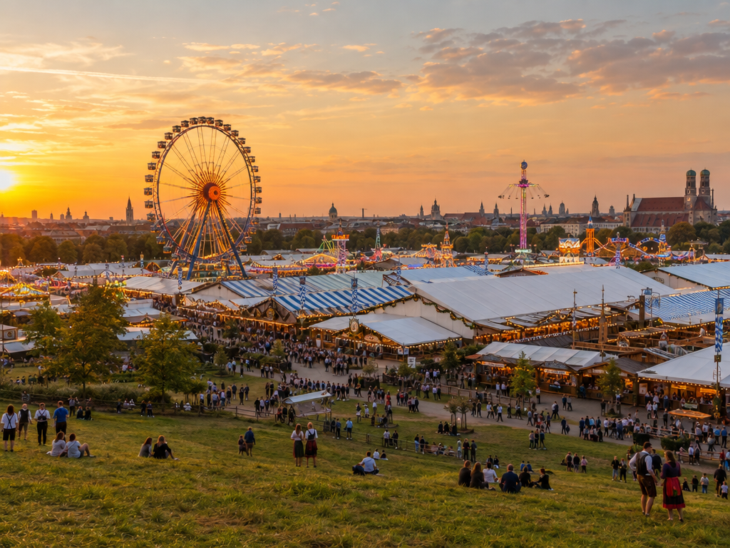 Ferien Bayern 2027 und Oktoberfest: Festwiese mit Riesenrad und Bierzelten im Abendlicht Ende September