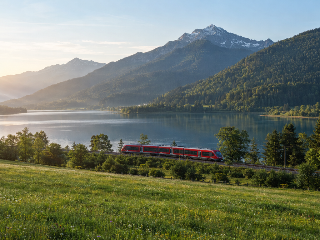 Ferienwohnung Alpen: Regionalzug am Seeufer vor bewaldeten Bergen, Anreise ab München