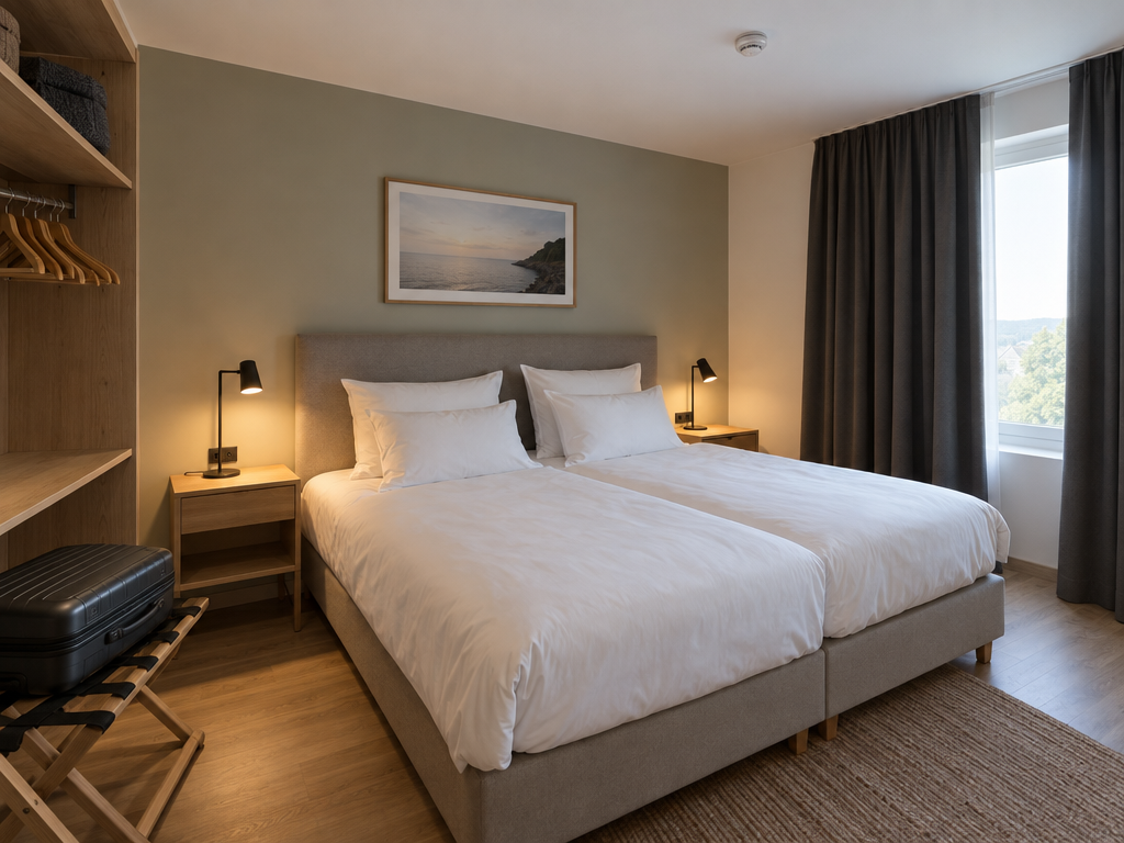 Ausstattung einer Ferienwohnung im Schlafzimmer: Bett mit weißer Wäsche, Leselampen, Kofferablage und Rauchwarnmelder