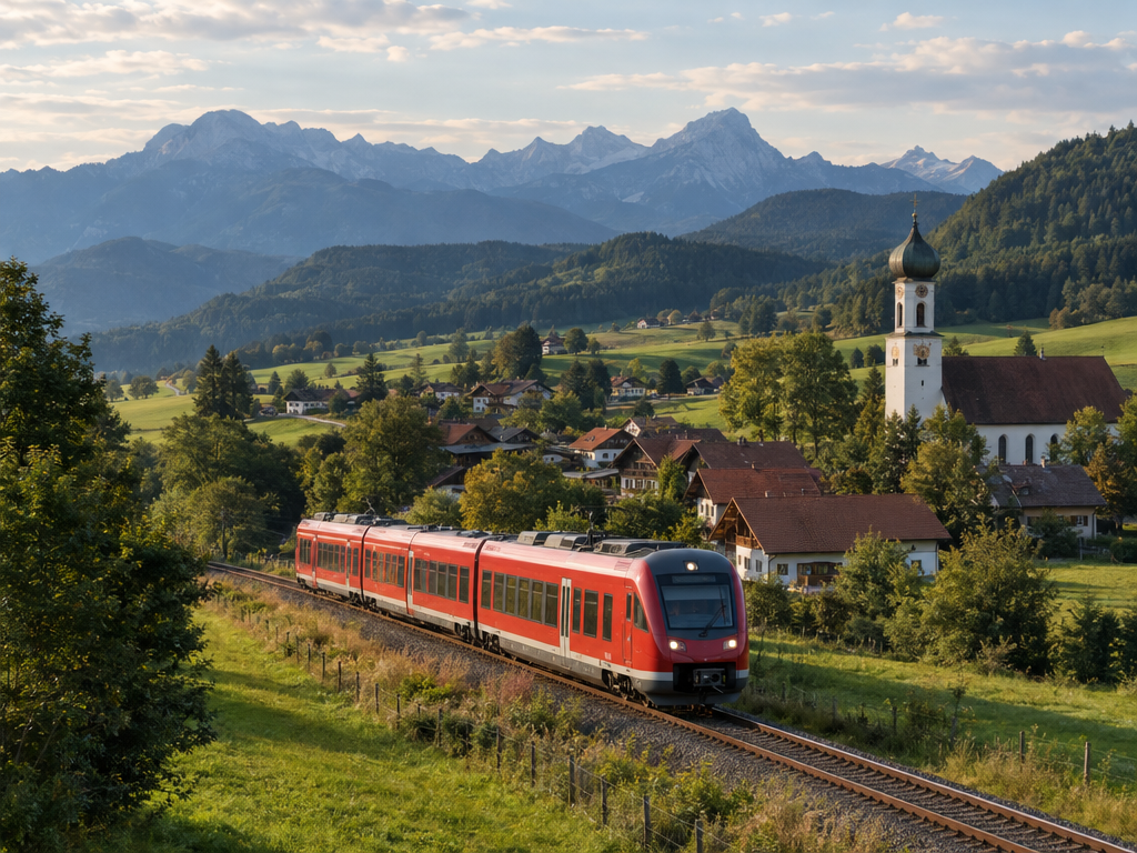 Urlaub in Bayern ohne Auto: Regionalzug fährt durch das Voralpenland an einem Dorf mit Zwiebelturmkirche vorbei