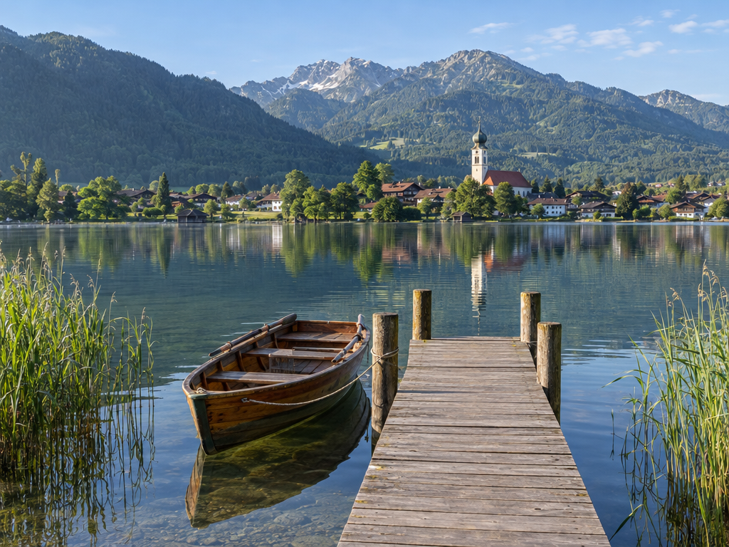 Ferienwohnung in Bayern am See: Holzsteg mit Ruderboot, im Hintergrund ein Dorf mit Zwiebelturm und Berge