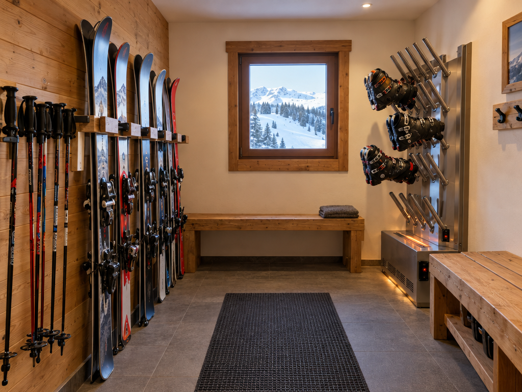 Ferienwohnung in den Bergen: Skiraum mit Skiern im Wandregal und Skischuhen auf dem Schuhtrockner