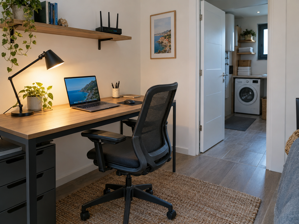 Ferienwohnung dauerhaft mieten: Arbeitsplatz mit Schreibtisch und Laptop, im Hintergrund eine Waschmaschine