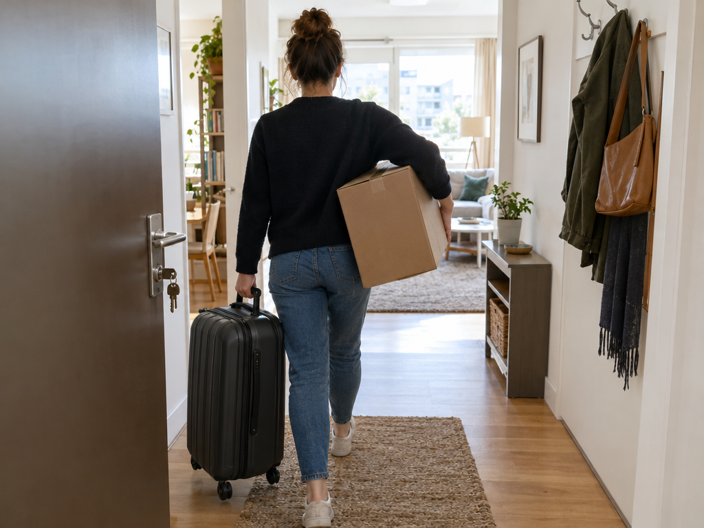 Ferienwohnung Dauermiete: Gast trägt Koffer und Umzugskarton in den Flur einer eingerichteten Wohnung