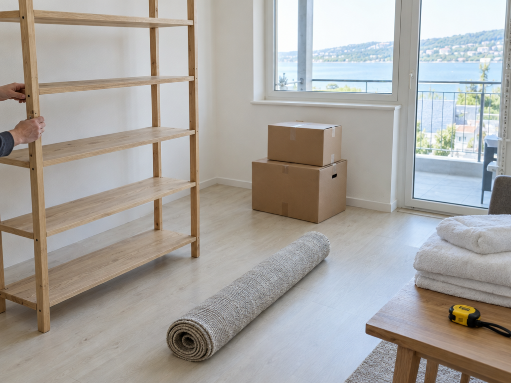 Ferienwohnung einrichten: Regal, Kartons, Teppich und Handtücher in einer hellen Wohnung beim Einrichten