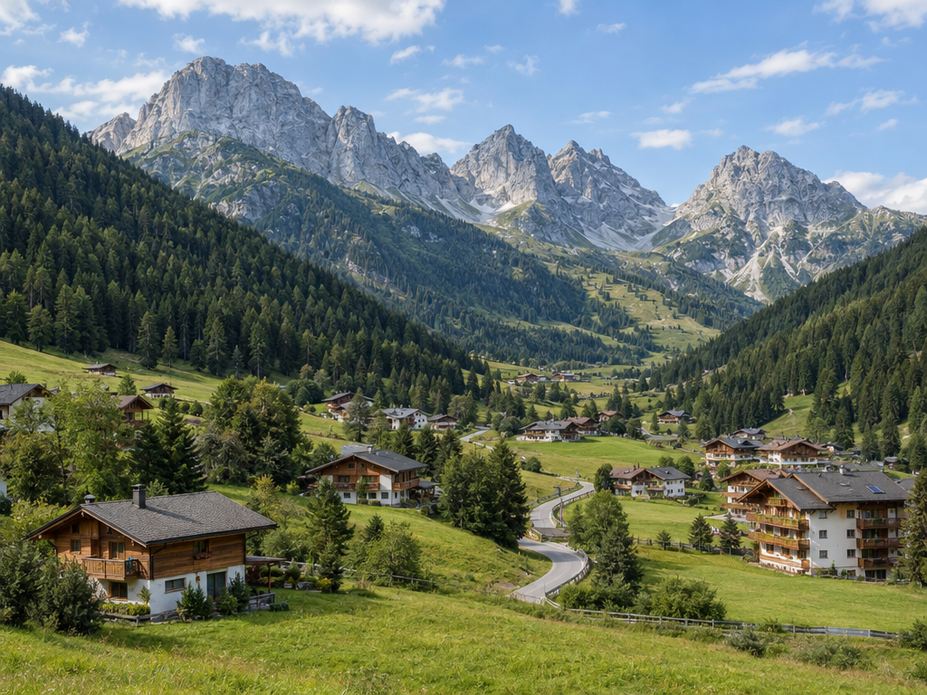 Ferienwohnung in den Alpen: Bergtal im Sommer mit Häusern auf Almwiesen und Gipfeln im Hintergrund
