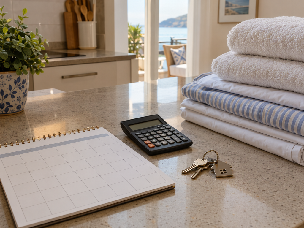 Ferienwohnung langfristig mieten: Kalender, Taschenrechner, Schlüssel und frische Wäsche auf der Küchenarbeitsplatte