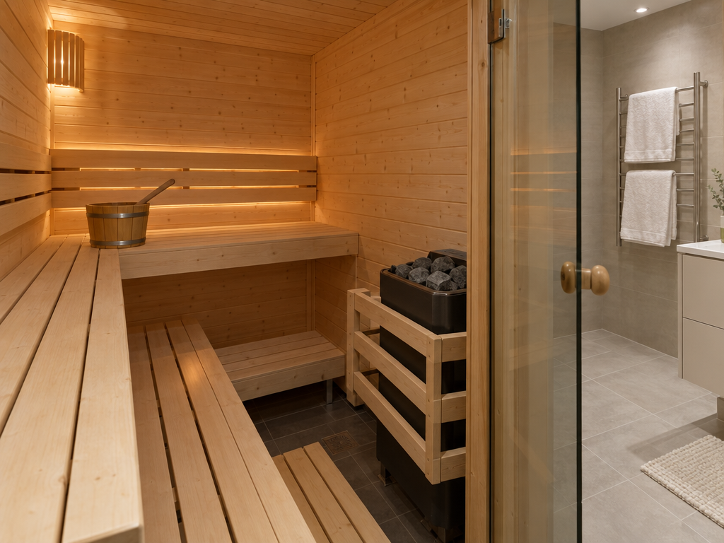 Ferienwohnung mit eigener Sauna: kleine finnische Saunakabine aus Holz mit Saunaofen im Badezimmer