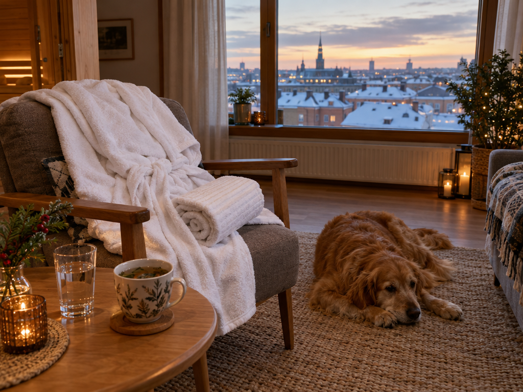 Ruhepause in der Ferienwohnung mit Sauna: Bademantel, Wasser und Tee im Wohnzimmer, ein Hund liegt auf dem Teppich