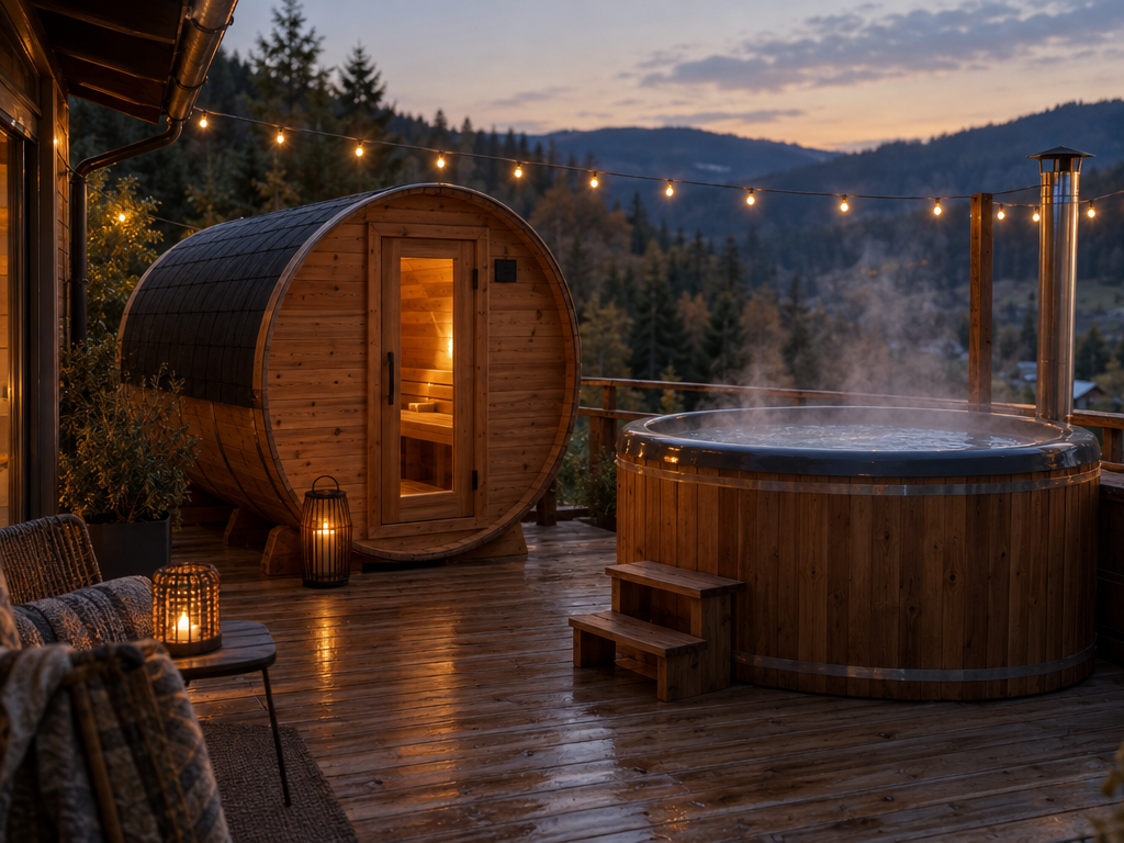 Ferienwohnung mit Sauna und Whirlpool: Fasssauna und Außenwhirlpool auf der Holzterrasse am Abend