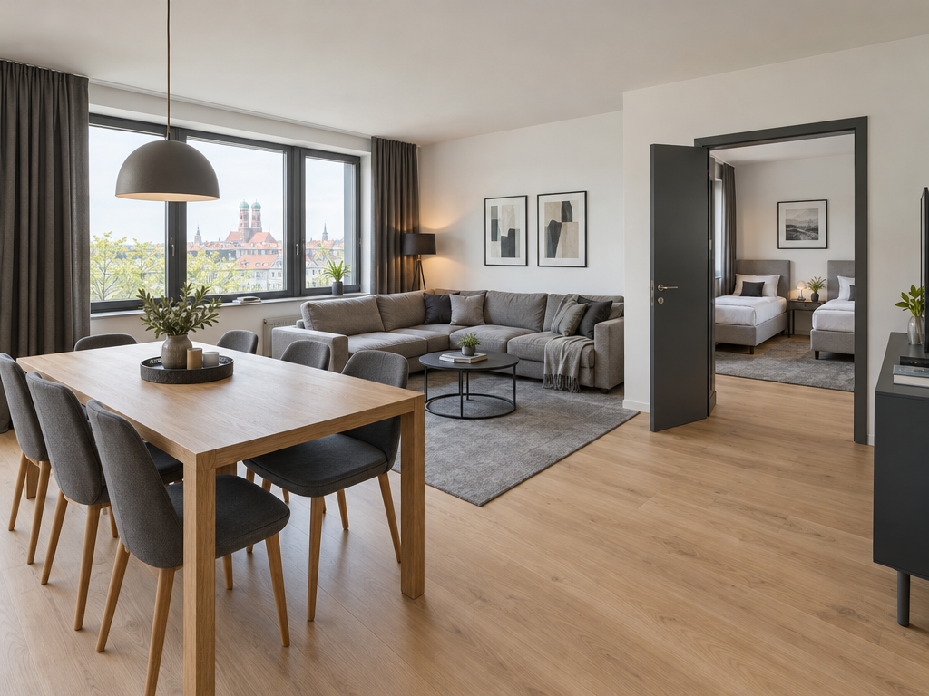 Ferienwohnung München mit zwei Schlafzimmern und Esstisch für bis zu 6 Personen