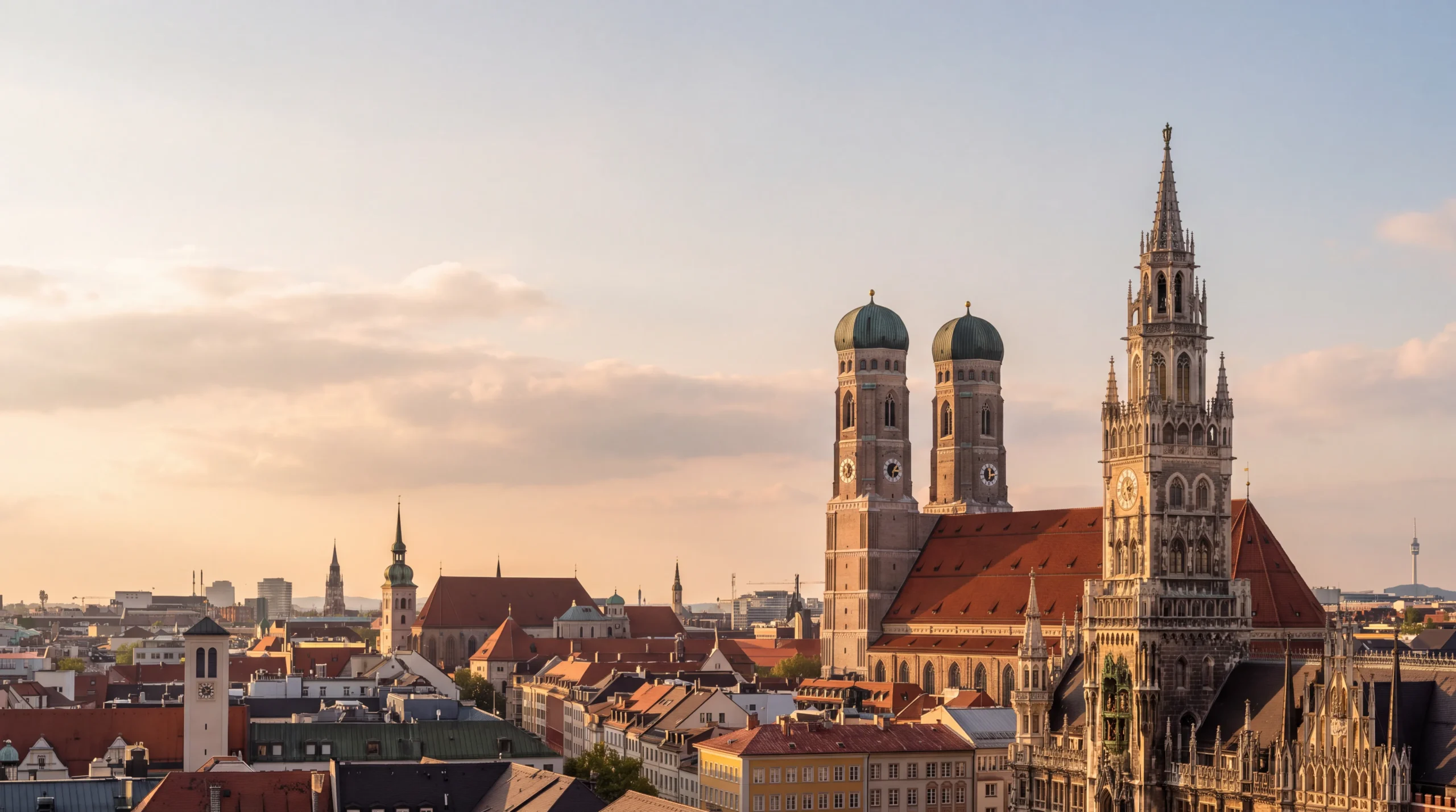 Münchner Altstadt mit Frauenkirche und Rathausturm im Abendlicht