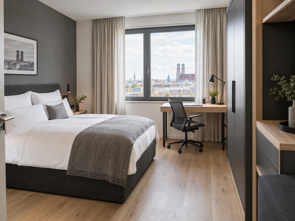 Business Apartment mit Doppelbett und Arbeitsplatz – Ferienwohnung München mit Hund