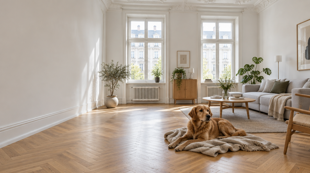 Hund entspannt auf einer Decke im hellen Altbau-Apartment – Ferienwohnung München mit Hund