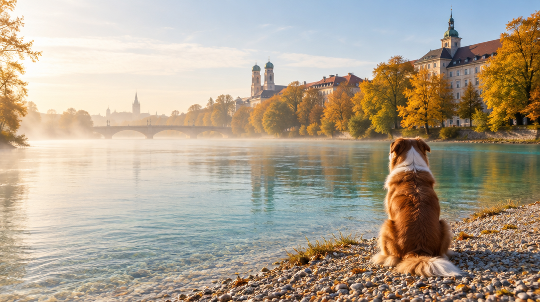 Hund sitzt am Isarufer im Lehel an einem Herbstmorgen – Urlaub mit Hund in München