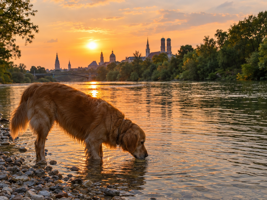 Hund trinkt am Isarufer im Abendlicht – Gassirunde vor der Ferienwohnung München mit Hund
