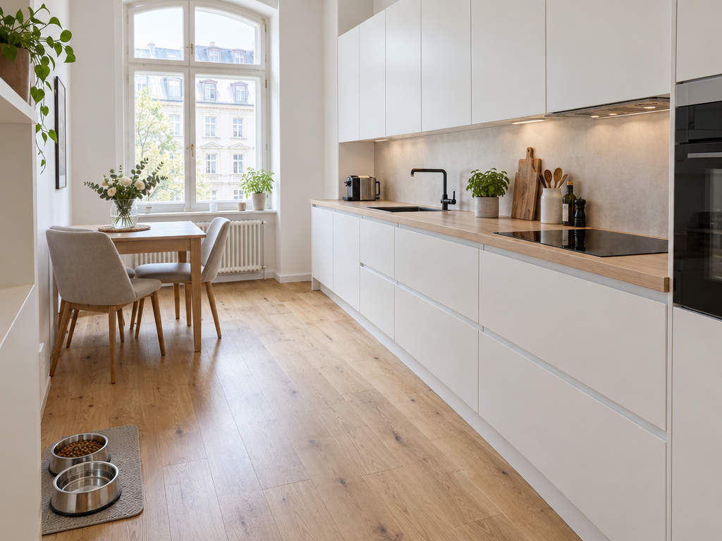 Eigene Küche mit Hundenapf und Wassernapf am Boden – Ferienwohnung mit Hund in München