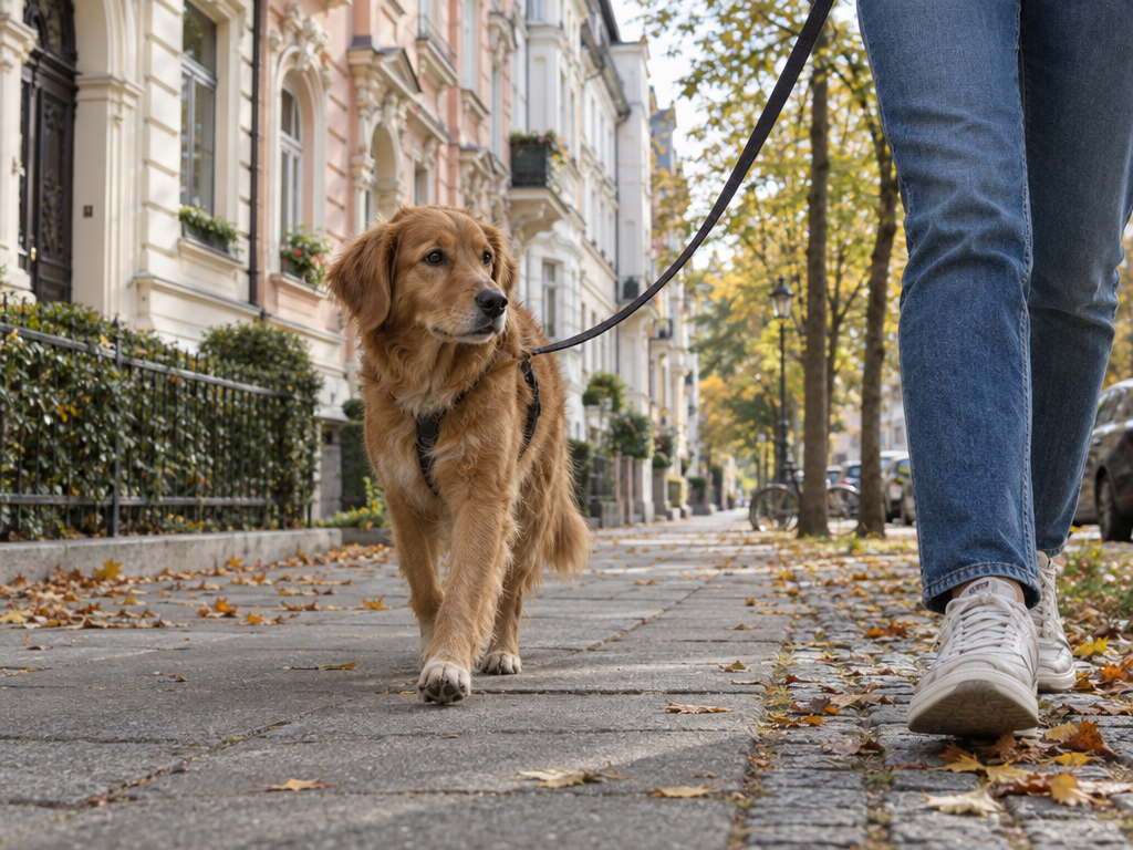 Hund an der Leine auf einer ruhigen Altbaustraße im Lehel – Spaziergang in München mit Hund