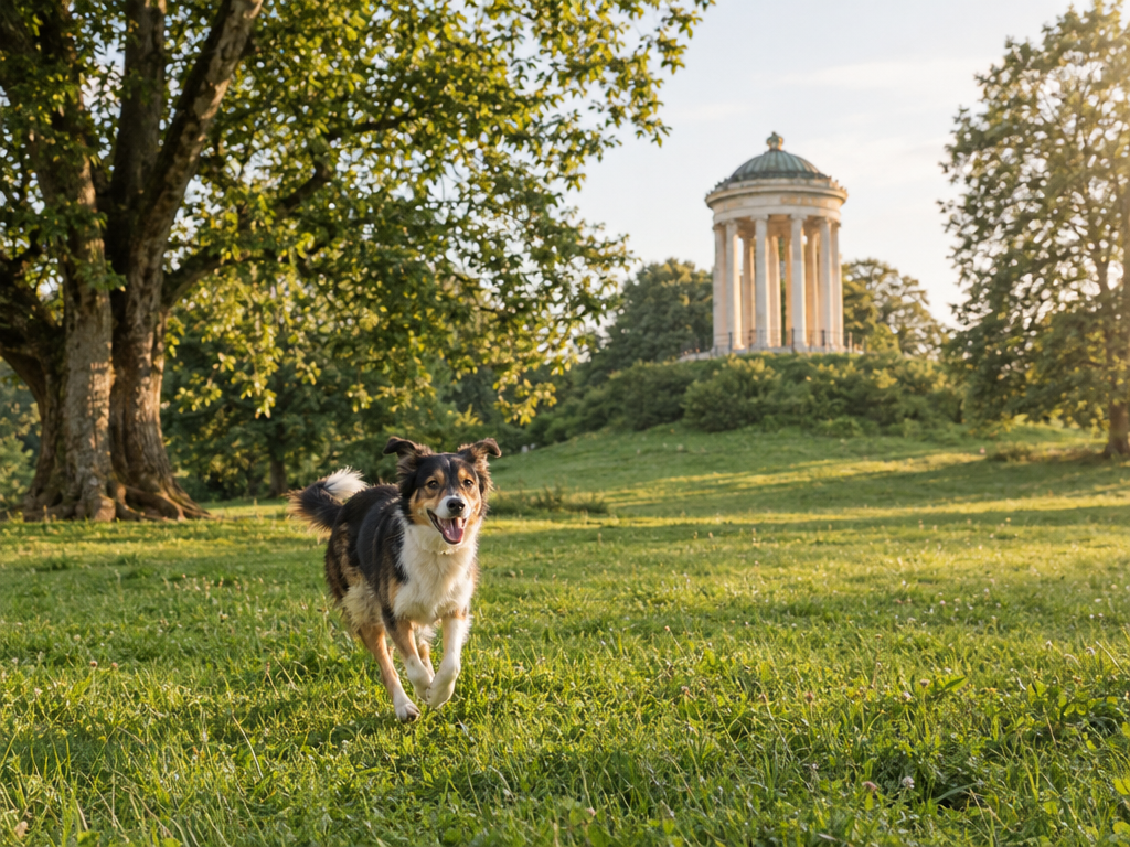 Hund läuft über die Wiese im Englischen Garten mit Monopteros – Ausflug in München mit Hund