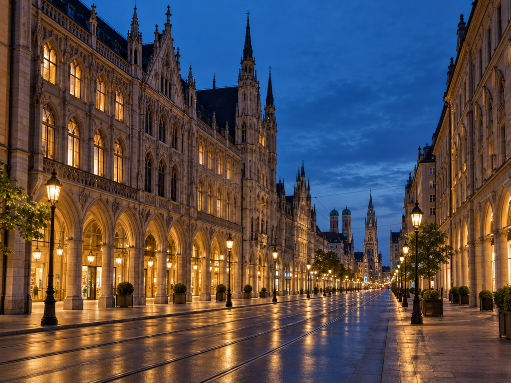 Maximilianstraße am Abend, fünf Minuten zu Fuß von der Ferienwohnung München Zentrum im Lehel