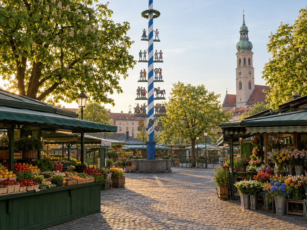 Viktualienmarkt am Morgen, zehn Minuten zu Fuß von der Ferienwohnung in der Münchner Innenstadt