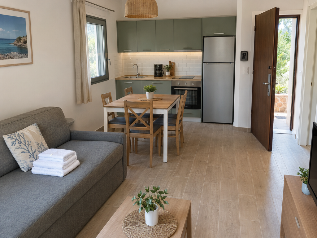 Steuer Ferienwohnung: kleine Ferienwohnung mit Küche und Schlüsselsafe, typisch für Einkünfte aus Vermietung