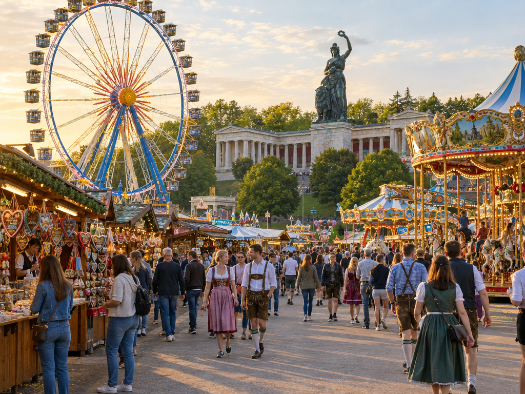 Festa di primavera Monaco: ruota panoramica, giostre e bancarelle sulla Theresienwiese al tramonto, sullo sfondo la Bavaria