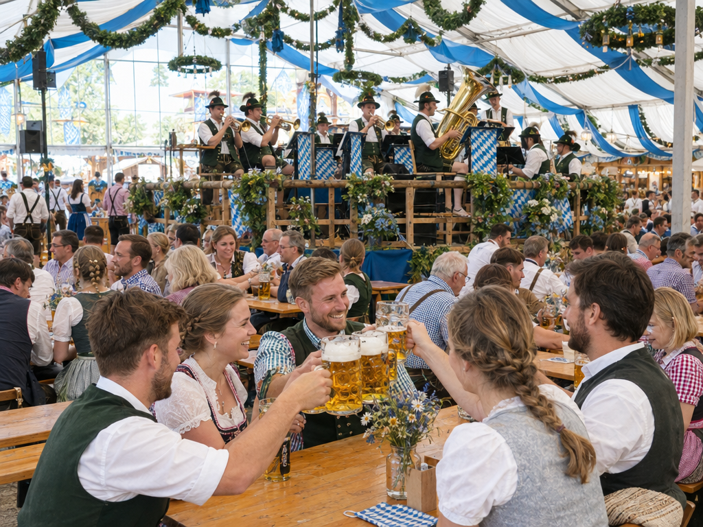Tents at the Munich Spring Festival: guests at long wooden benches clinking beer steins, with a brass band playing in the middle