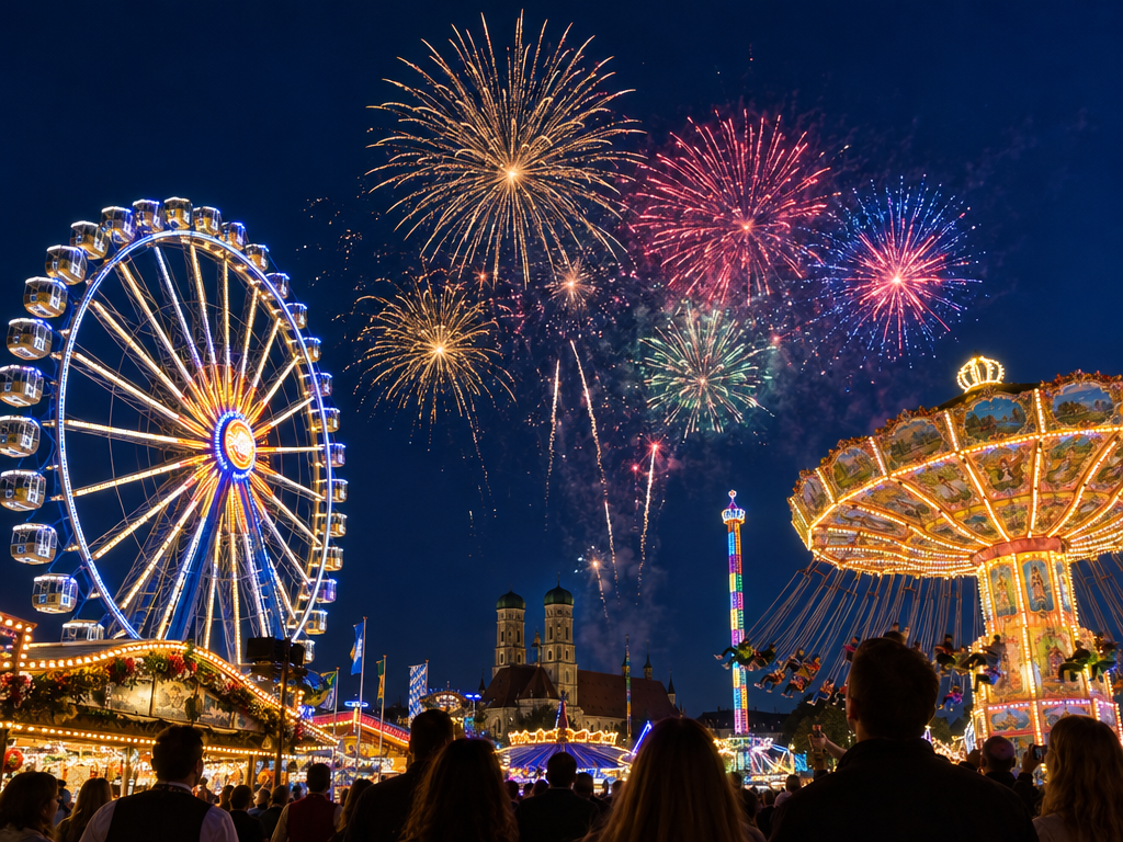 Fireworks at the Munich Spring Festival: colourful rockets above the illuminated Ferris wheel and fairground rides at night