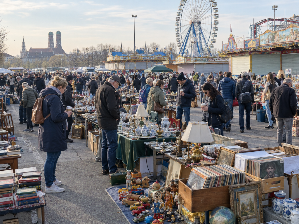 Theresienwiese flea market at the Munich Spring Festival: private sellers with tables full of books, records and china on a Saturday morning