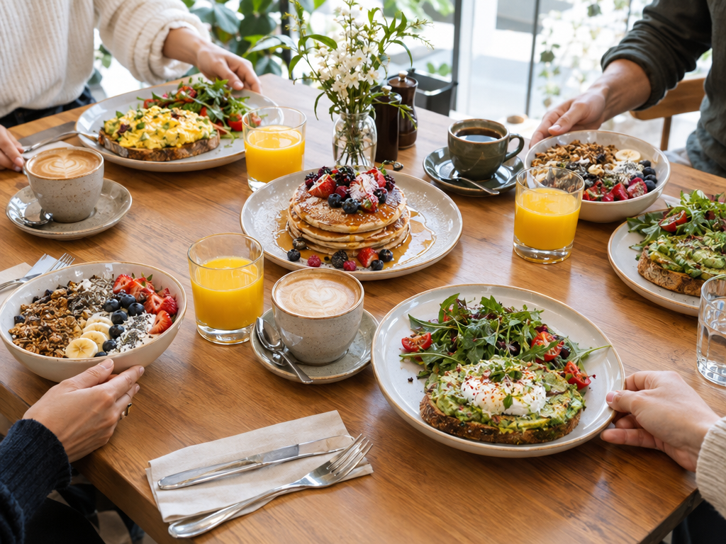 Brunch in Munich: table with avocado toast, scrambled eggs, pancakes with berries and orange juice in a bright café