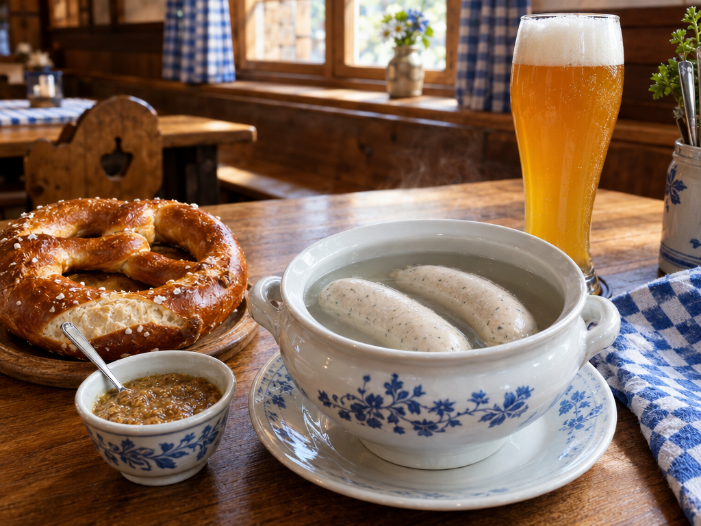 Weißwurst breakfast in Munich: veal sausages in a tureen, pretzels, sweet mustard and wheat beer on an inn table