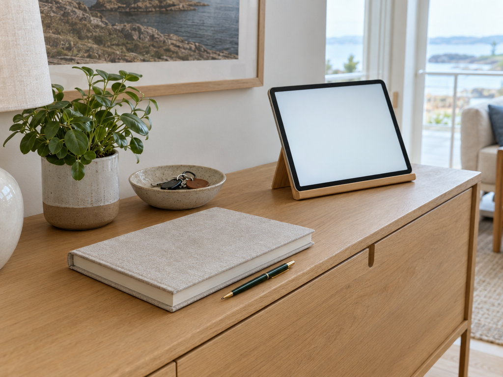 Analoges und digitales Gästebuch in der Ferienwohnung: Buch mit Stift neben einem Tablet auf der Kommode