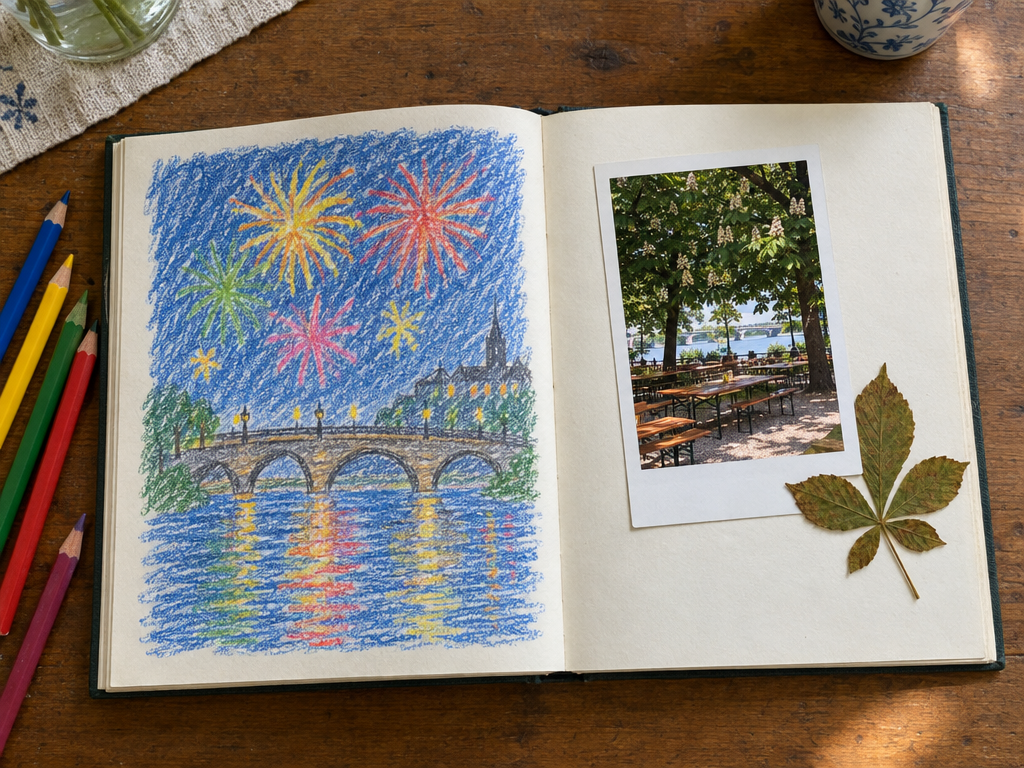 Gästebuch Ferienwohnung mit Kindern: Kinderzeichnung von Feuerwerk über einer Brücke und eingeklebtes Biergarten-Foto