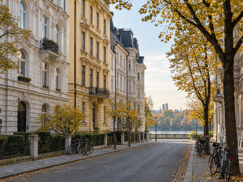 Gästemappe Ferienwohnung Beispiel: Wohnstraße im Münchner Lehel mit Altbaufassaden, Herbstbäumen und Fahrrädern