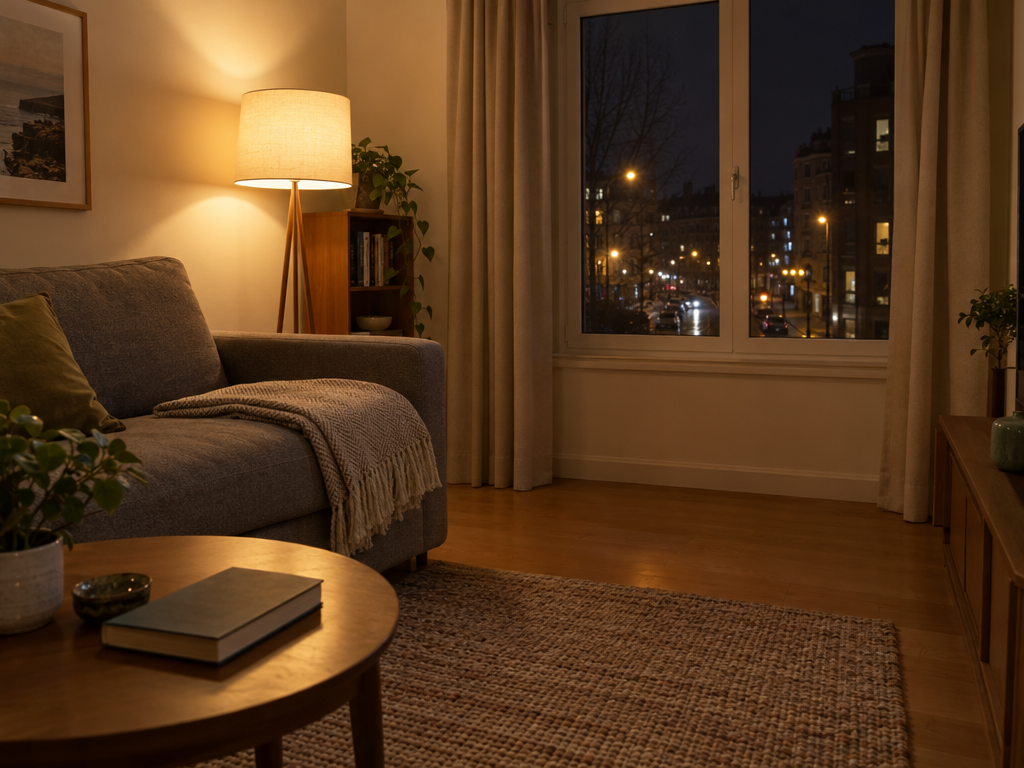 Nachtruhe in der Ferienwohnung: ruhiges Wohnzimmer am späten Abend mit gedimmtem Licht