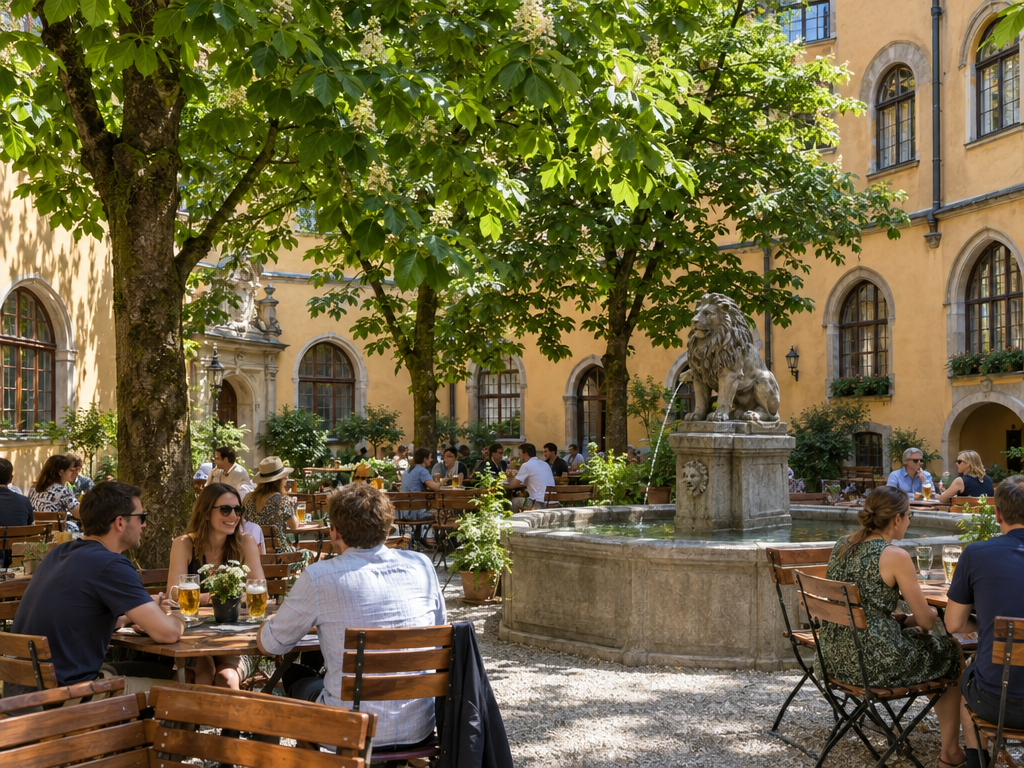Hofbräuhaus beer garden in the courtyard: chestnut trees, wooden tables and a fountain with a lion figure