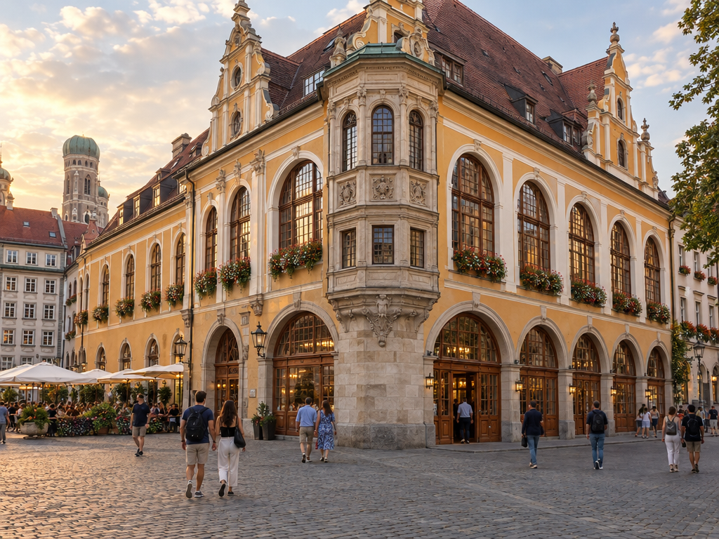 Hofbräuhaus Munich am Platzl: historic neo-Renaissance façade in the evening, visitors on the cobblestones