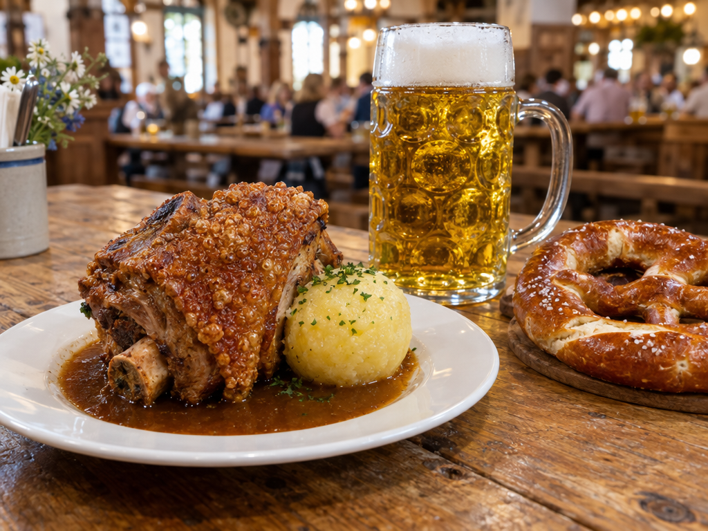 Food at the Hofbräuhaus Munich: roast pork knuckle with dumpling, a pretzel and a litre of lager on a wooden table