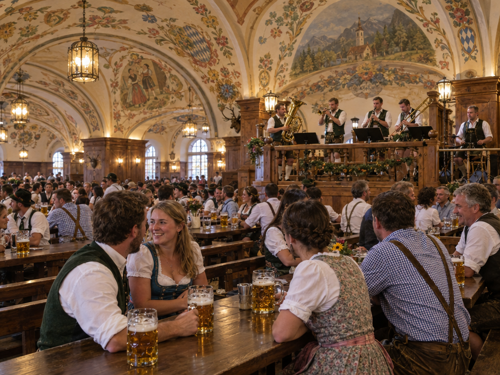 The Schwemme in the Hofbräuhaus: vaulted ceiling, long wooden tables with one-litre beer mugs and a brass band on the stage
