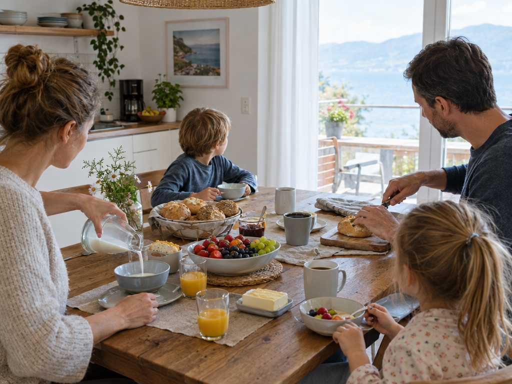 Ferienwohnung für Familien: Eltern und zwei Kinder frühstücken am Esstisch der Ferienwohnung mit Küche