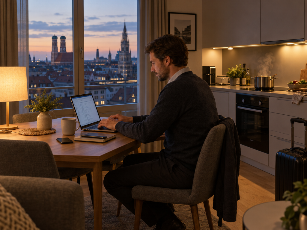 Hotel oder Apartment auf Geschäftsreise: Reisender arbeitet am Laptop am Esstisch eines Apartments, im Hintergrund Küchenzeile und Dächer von München