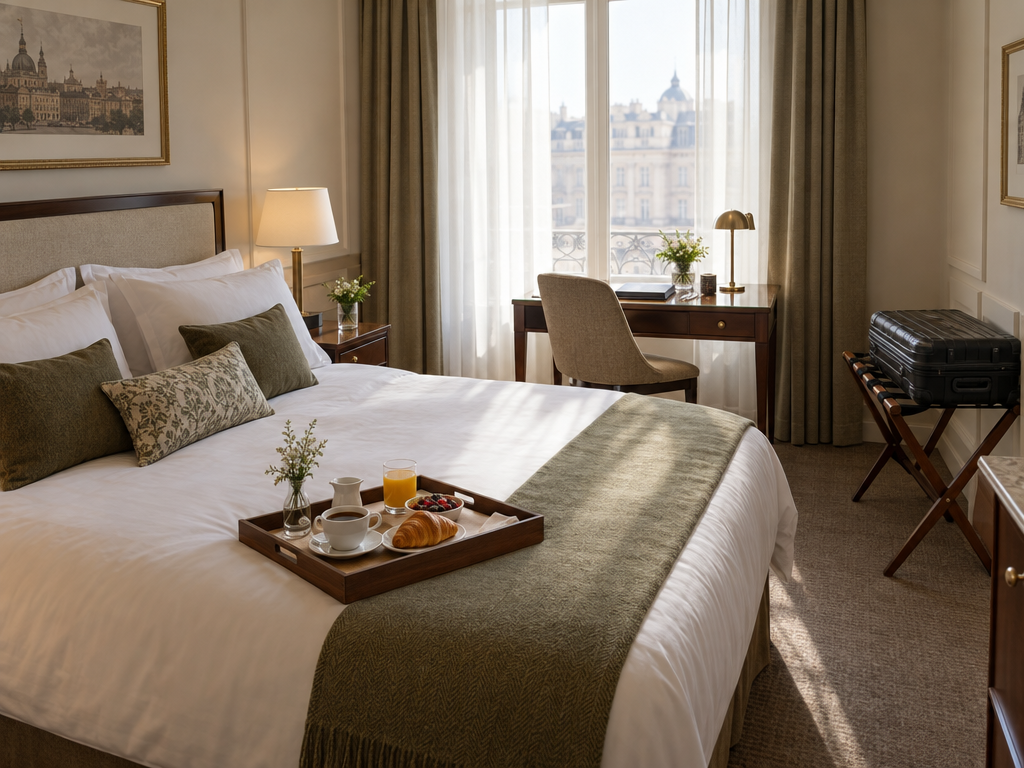 Hotel oder Ferienwohnung: klassisches Hotelzimmer mit Doppelbett, Schreibtisch, Frühstückstablett und Koffer auf der Gepäckablage
