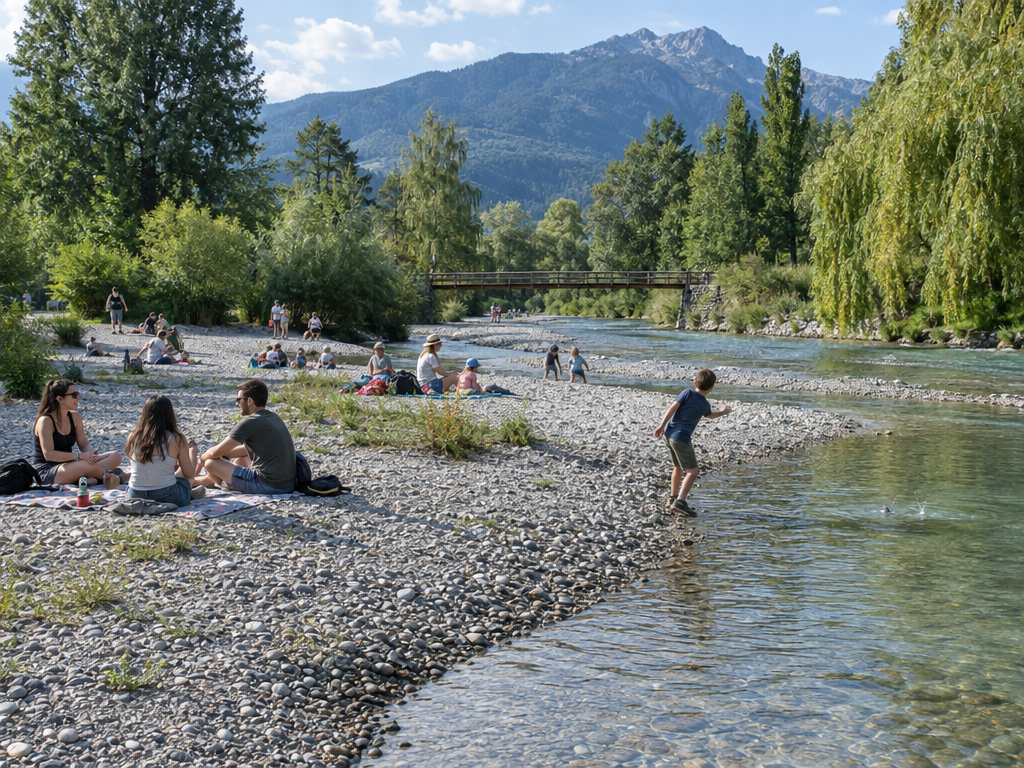 Isar Munich at the Flaucher: families on the gravel banks, a child throwing stones into a shallow side channel