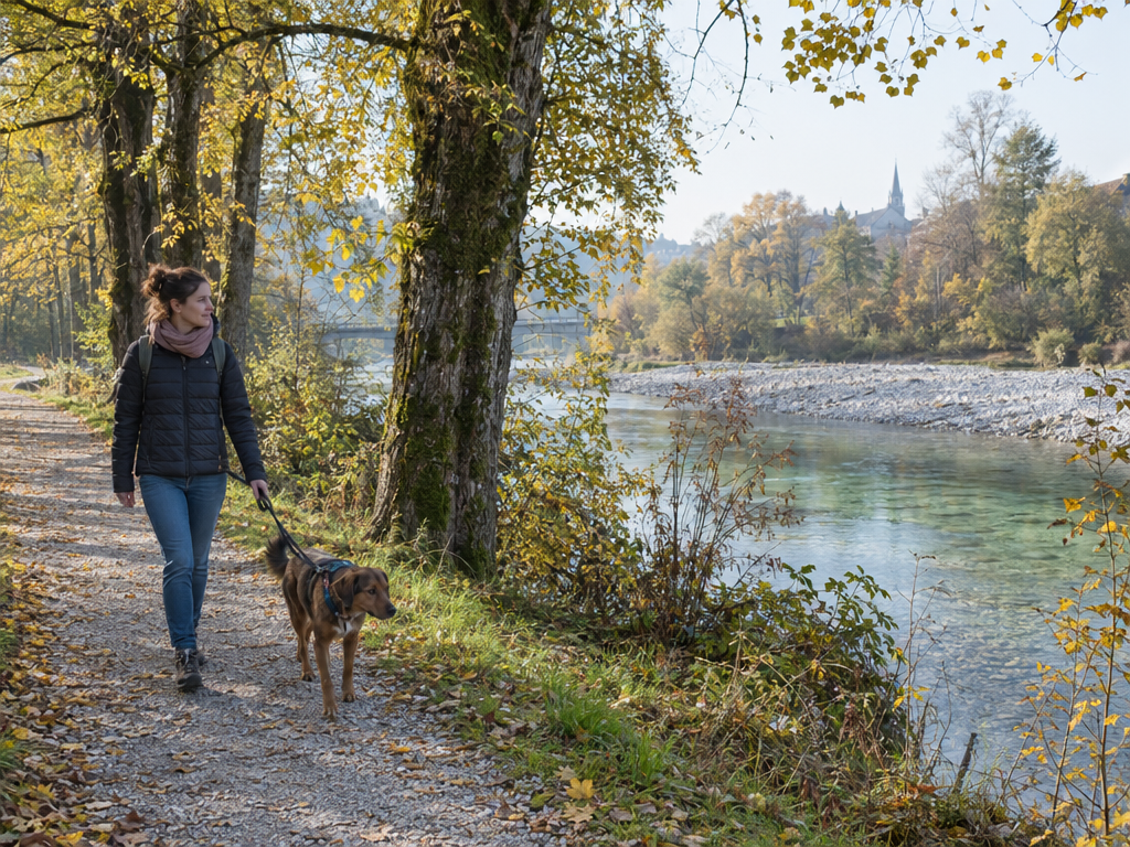 Isar Munich with a dog: woman with a dog on a lead on a path in the Isarauen in autumn